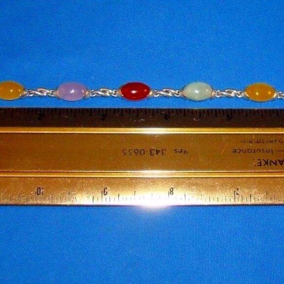 Sterling Silver Bracelet with 7 Multi Colored Gen. Jade..7" well made piece - Picture 1 of 5